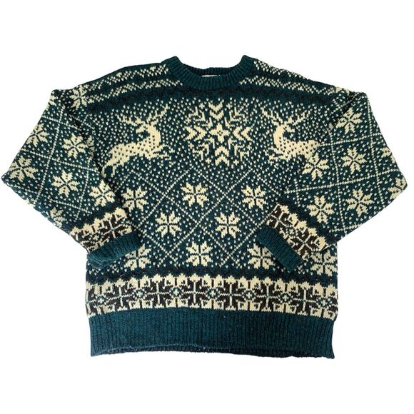 VTG 90s Sweater Women M Dark Green Beige Reindeer Snowflake Christmas Fair Isle - Picture 1 of 6